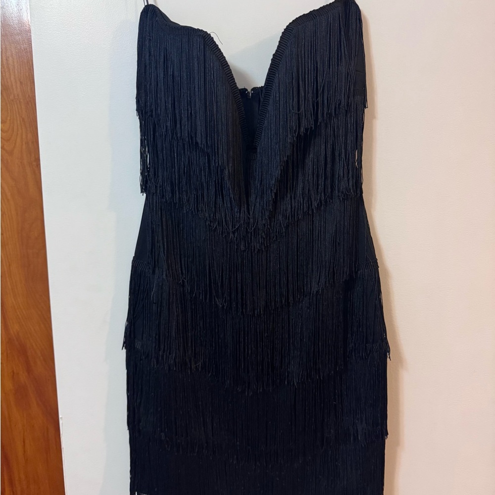 Black Fringe Strapless Dress